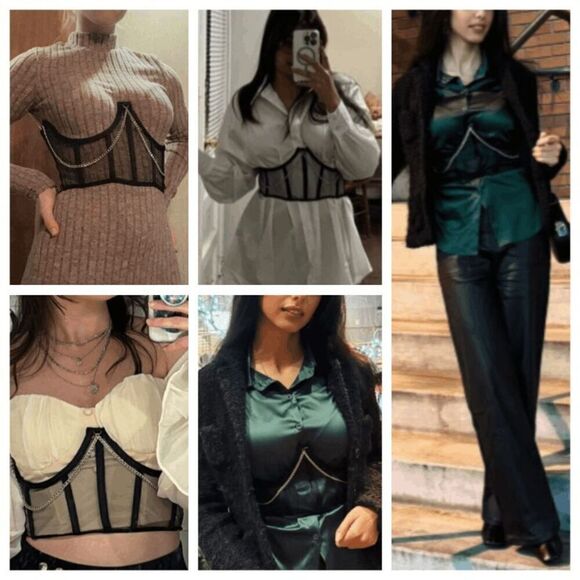 🖤 Sexy Black Mesh Splice Chain Detail Waist Cincher Corset with Steel Bones NEW - Picture 8 of 13